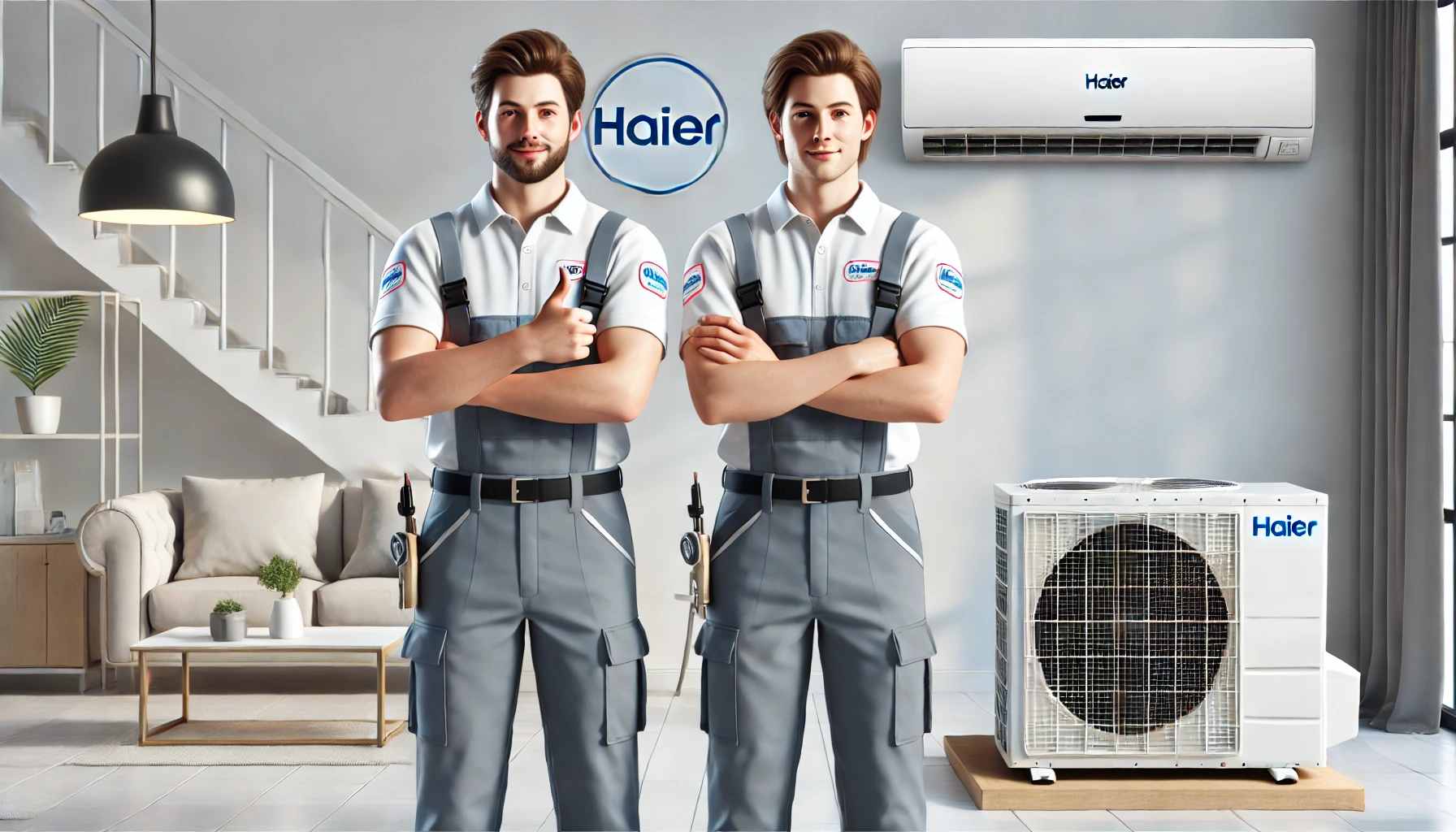 DALL·E 2024 12 16 17.59.32 A realistic image in a 16 9 orientation featuring two professional air conditioning technicians wearing uniforms with the Haier logo on their chest. T - Nowy certyfikat autoryzowanego punktu serwisowego Haier